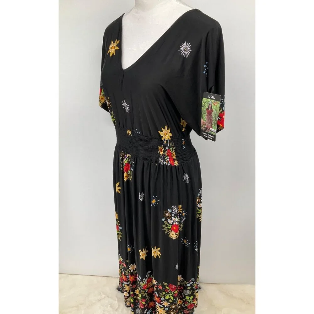 Lildy New Size L/XL Tassel Tie Back Maxi Dress Black Floral Boho - Picture 4 of 10